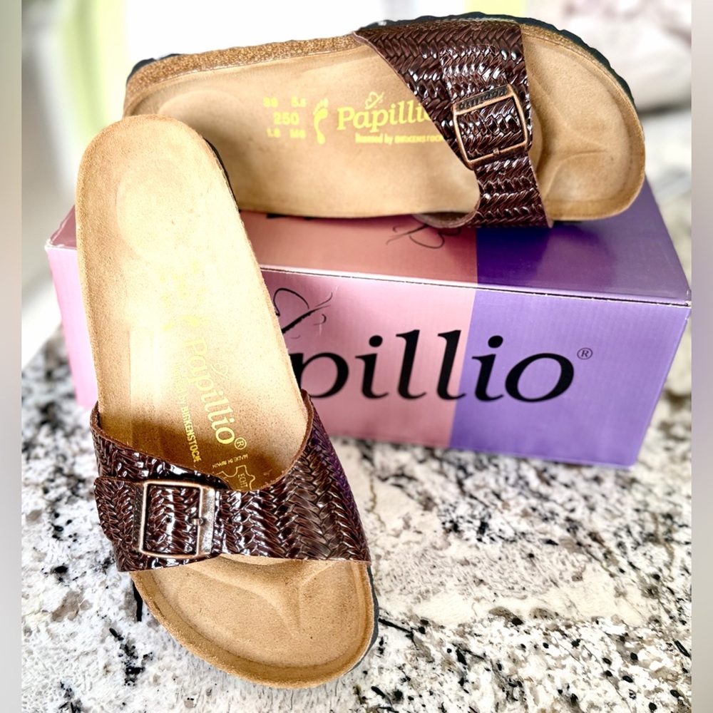 NEW Birkenstock Papillio Madrid Sandals_Woven Brown Patent Leather Print_Size 39